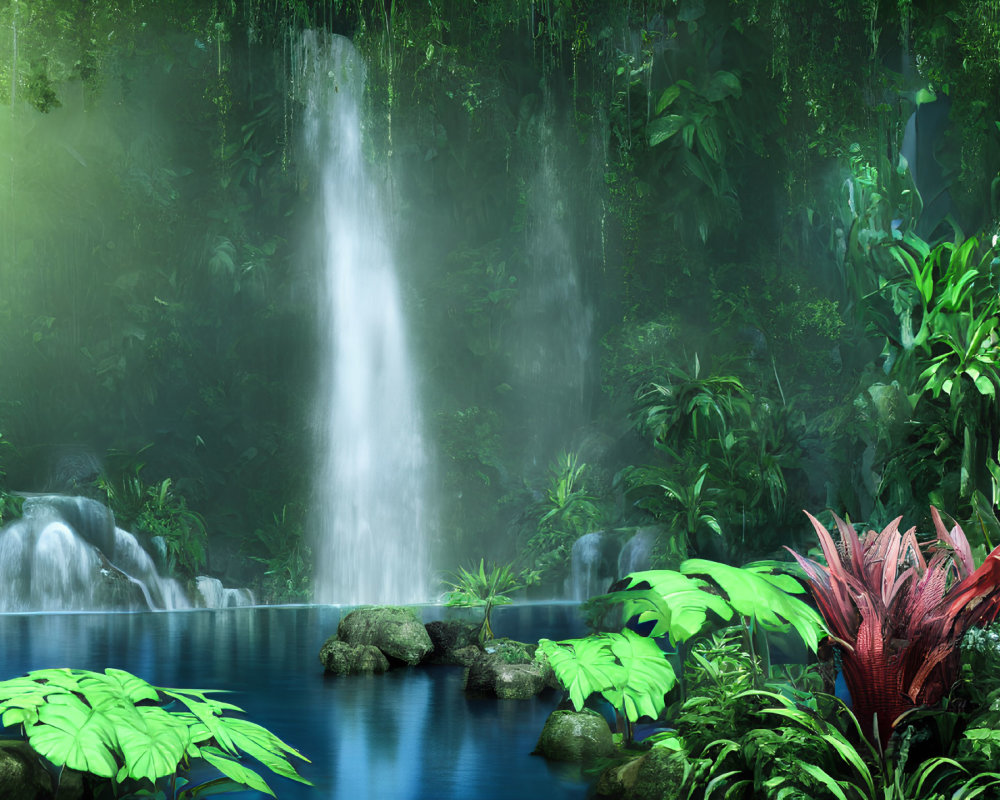 Tranquil jungle scene with cascading waterfall
