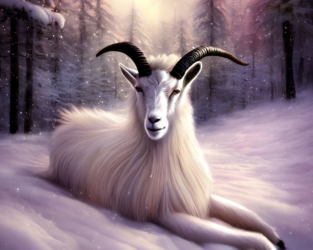 White Goat with Curved Horns Resting in Pink Forest Snowscape