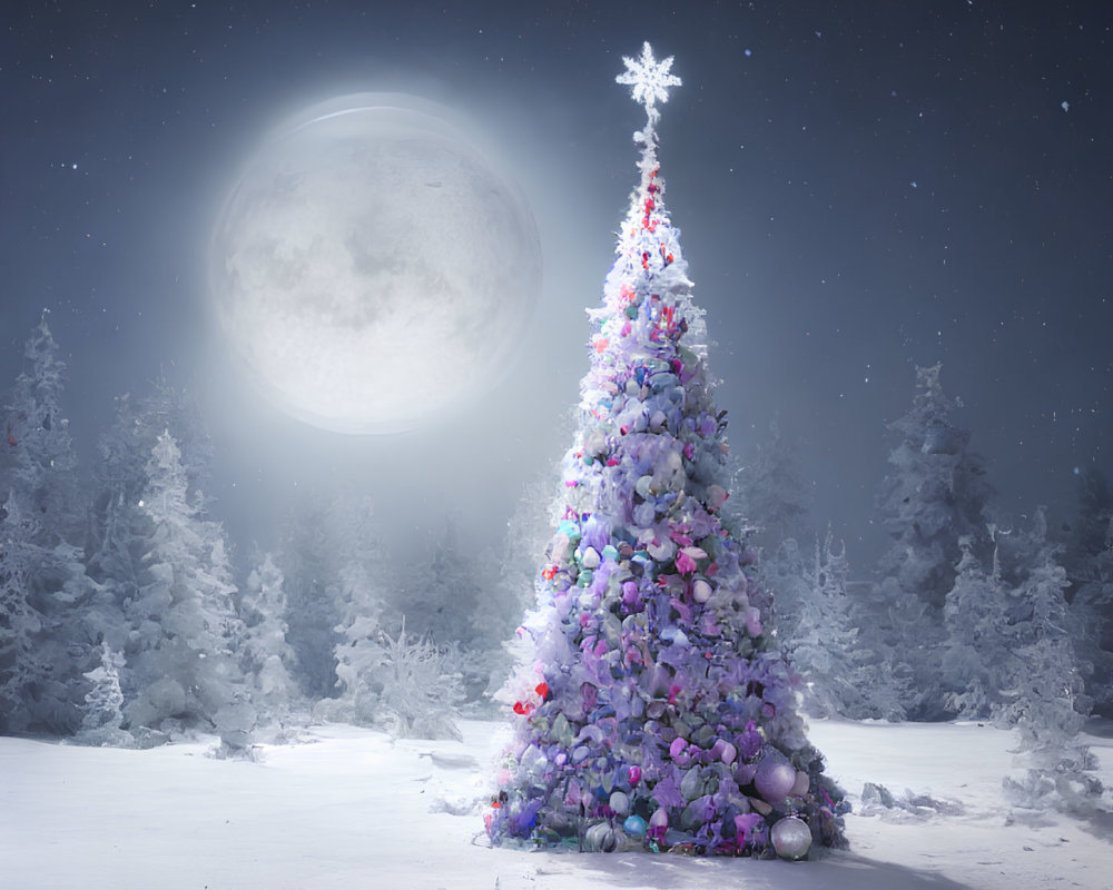 Decorated Christmas tree under full moon in snowy landscape