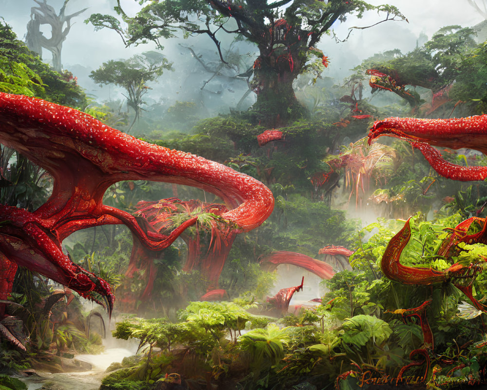 Enchanting forest with oversized red roots and mystical fog