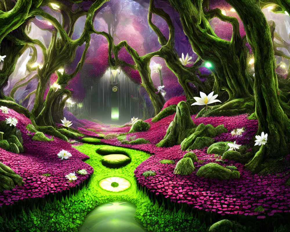 Vibrant green trees, purple foliage, white flowers in mystical forest