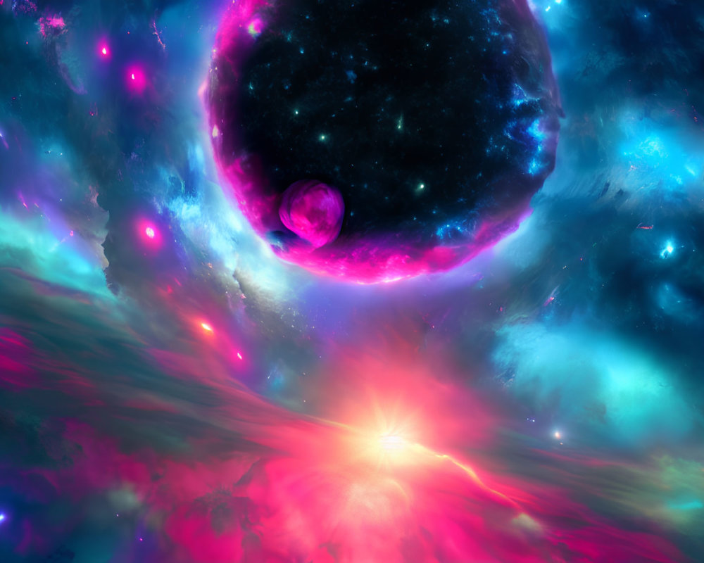 Colorful cosmic scene with glowing nebula and bright star