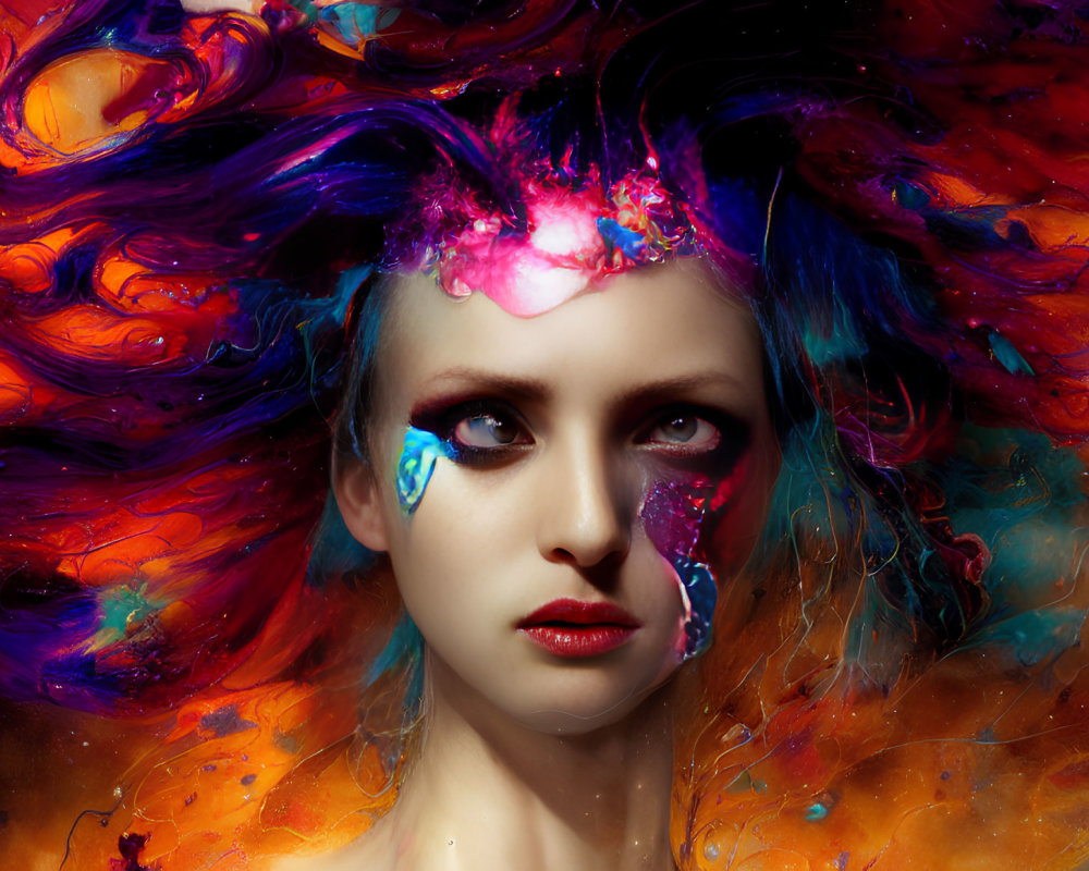 Colorful paint flowing through woman's hair and face, creating vibrant artistic look