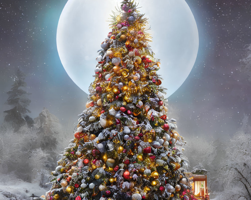 Snow-covered Christmas tree with lights and ornaments under full moon
