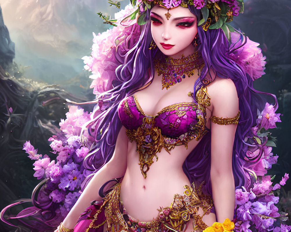 Fantasy illustration: Woman with purple hair and golden jewelry in floral setting