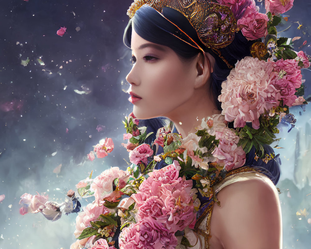 Woman with ornate headdress and pink roses in celestial setting