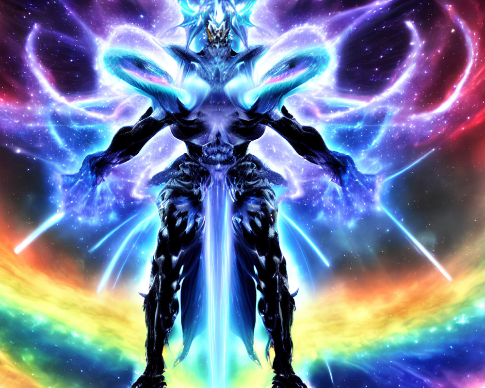 Colorful Cosmic Theme: Muscular Creature with Glowing Blue Accents