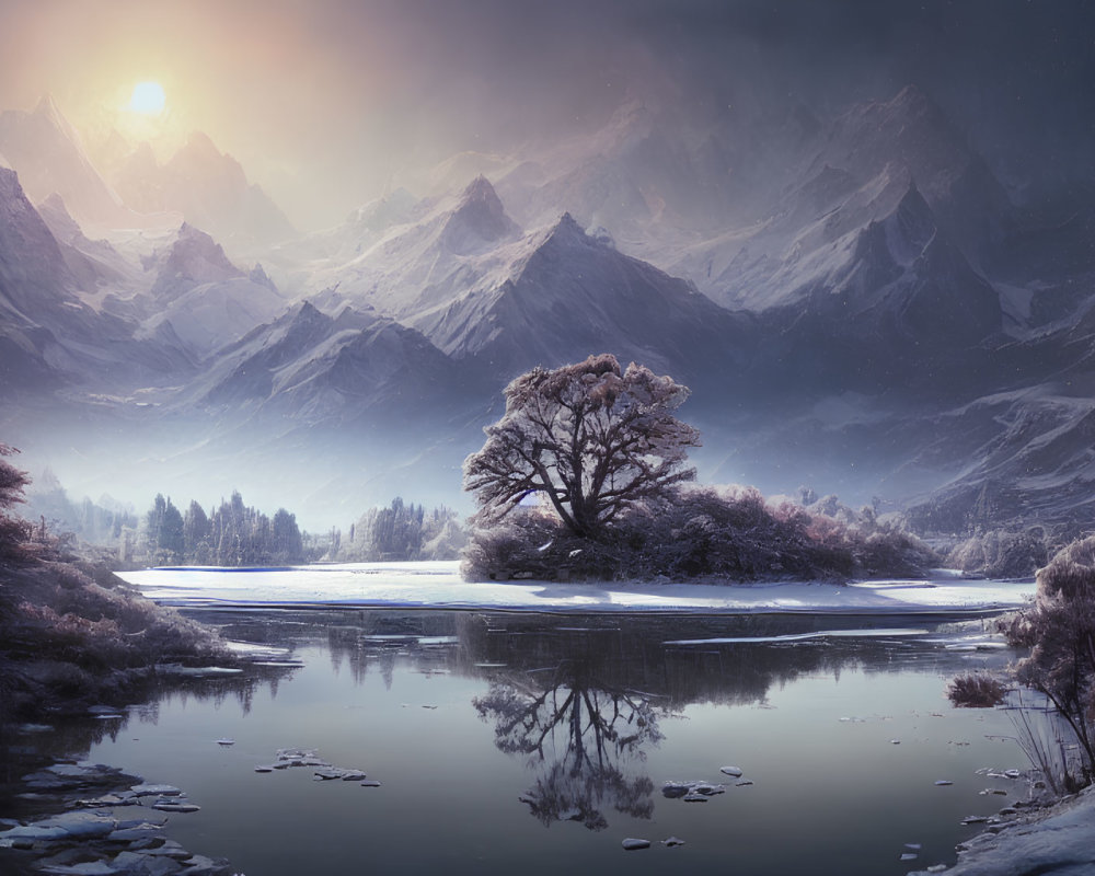 Snowy Winter Landscape: Tree on Island, Reflective Lake, Snow-Capped Mountains
