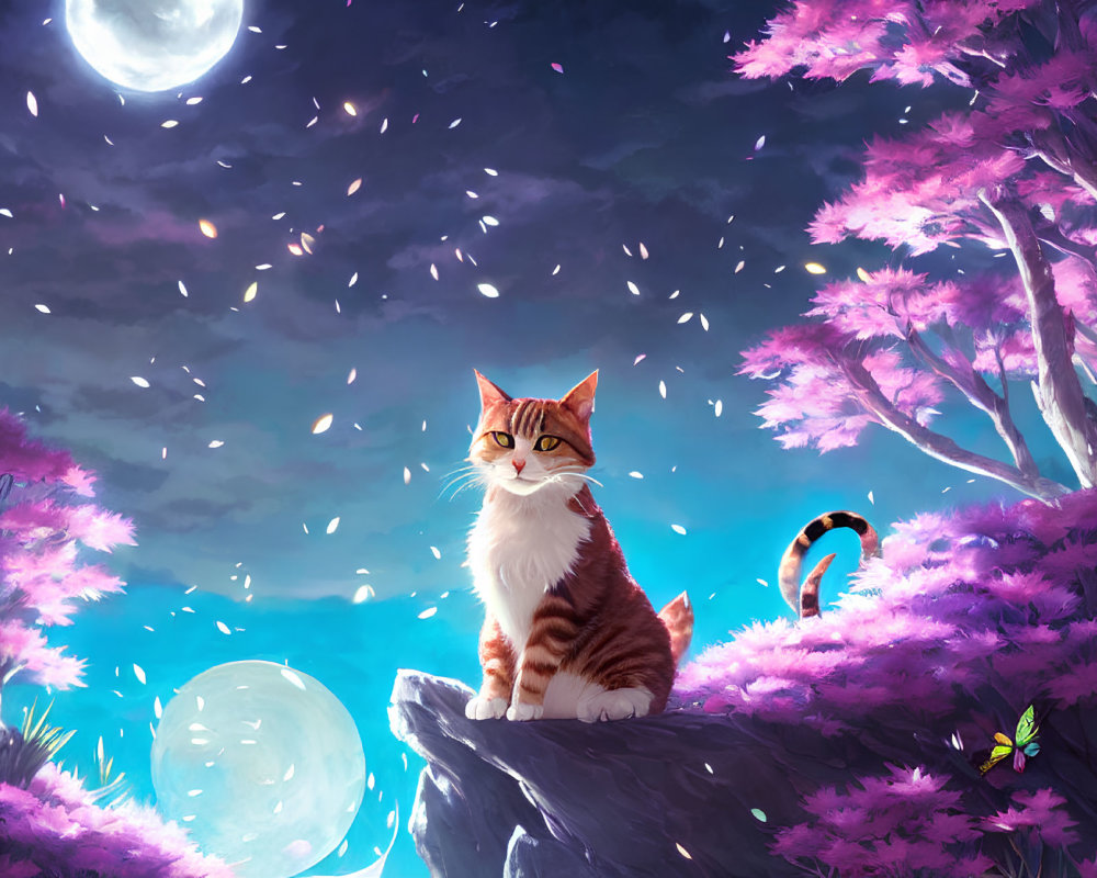 Cat on Stone Surrounded by Pink Blossoming Trees Under Moonlit Night Sky
