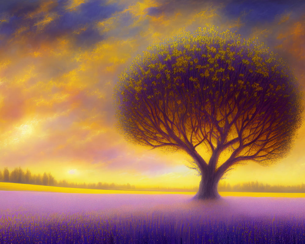 Colorful landscape with lone tree in purple flower field under dramatic sky