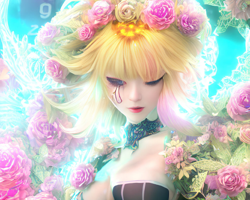 Fantasy character with blond hair in floral setting against clocks and roses