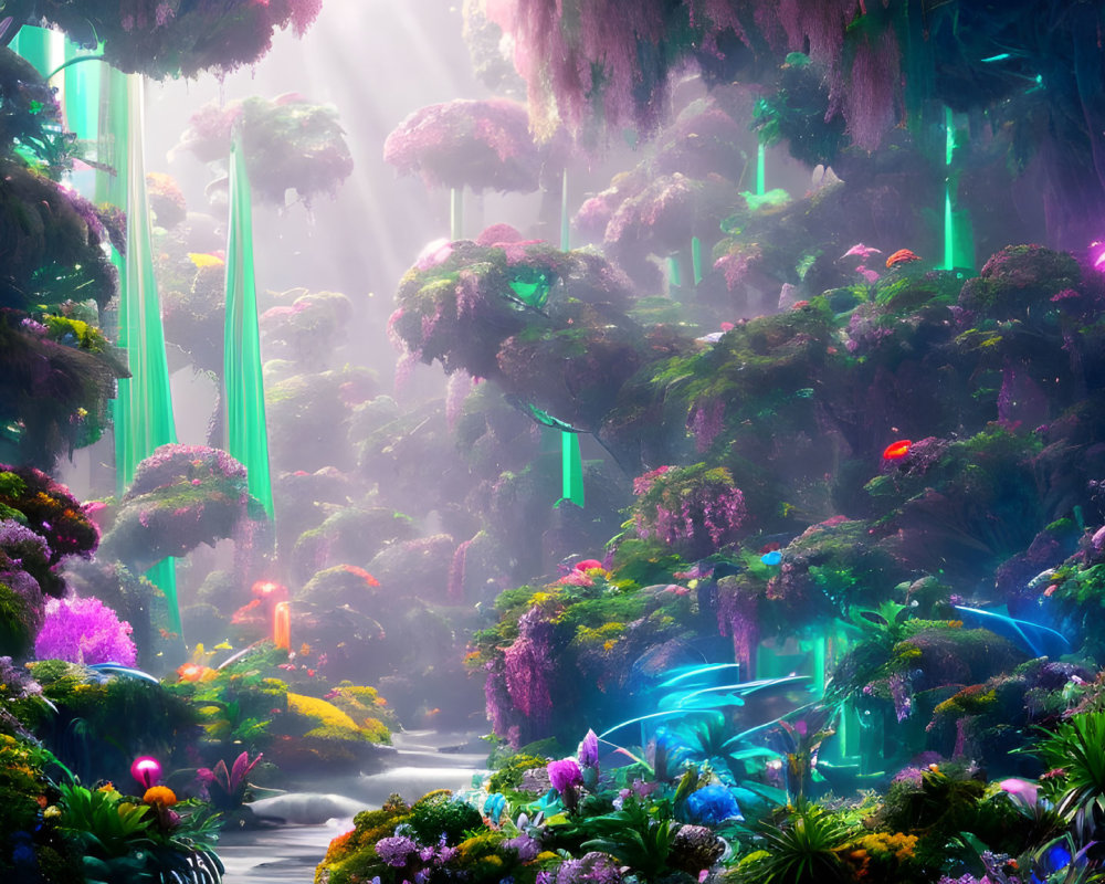 Mystical forest with lush foliage and neon lights