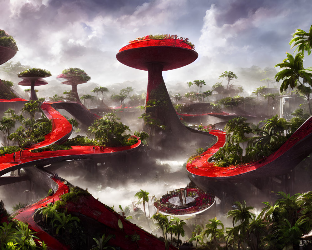 Sci-fi cityscape with red mushroom towers in misty rainforest.