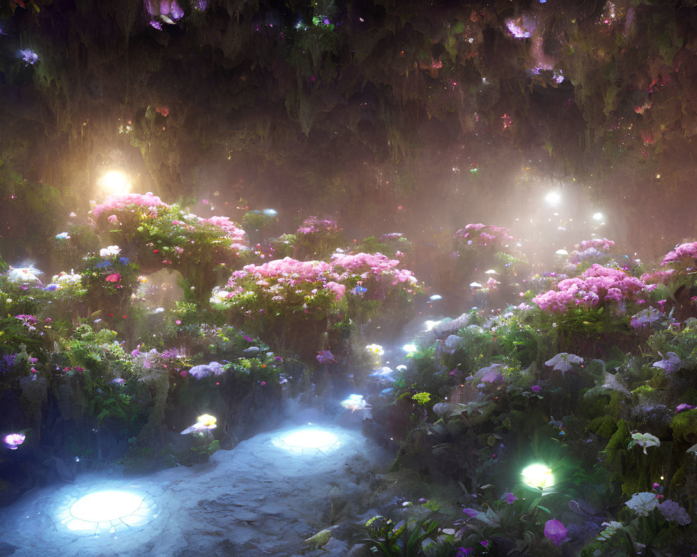 Ethereal garden with ambient lights, lush vegetation, vibrant flowers in mystical fog