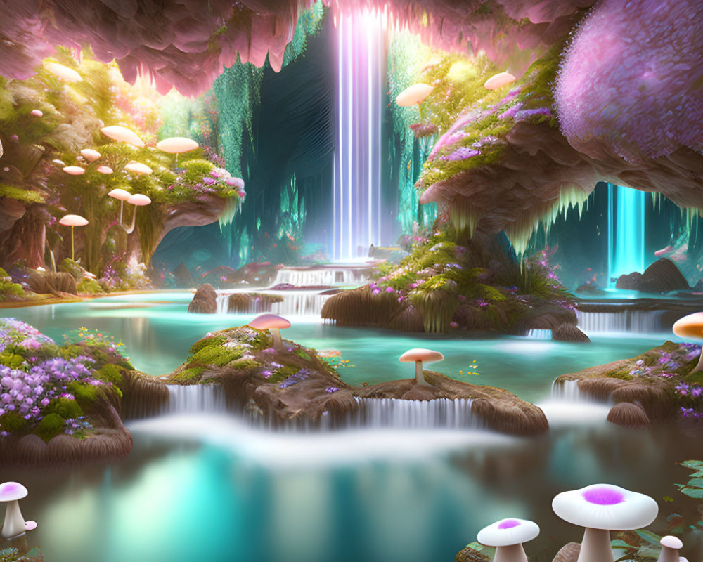 Fantastical landscape with luminous mushrooms, waterfall, foliage, and glowing cave