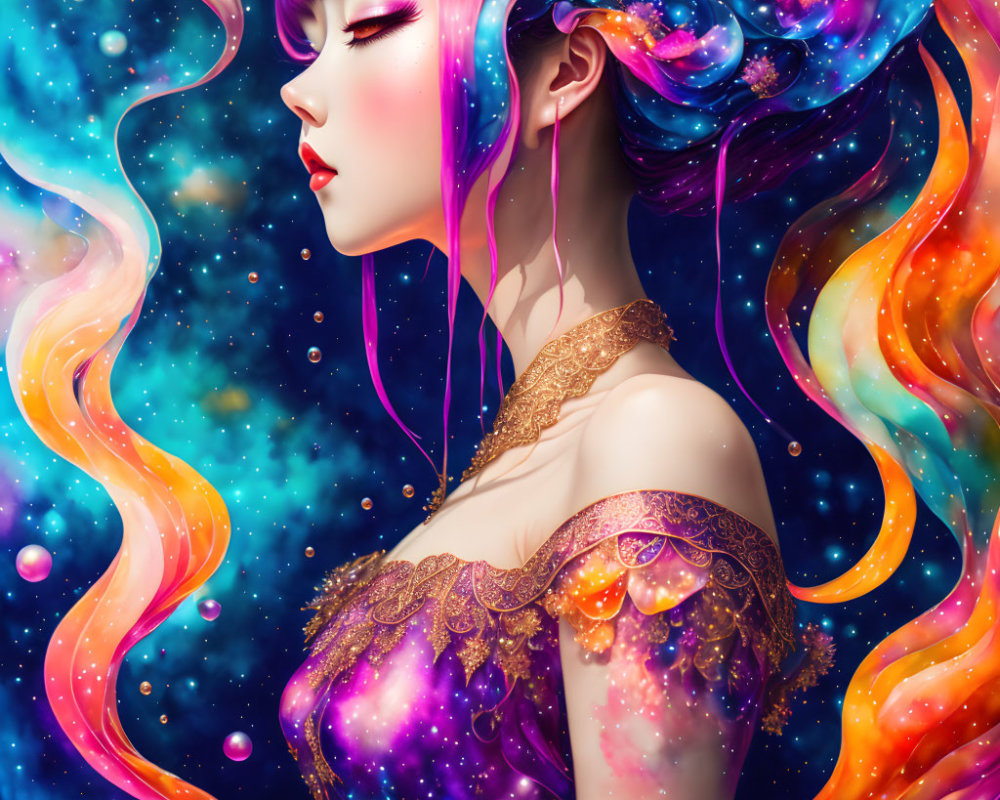 Colorful artwork of woman with galaxy-themed hair and starry dress