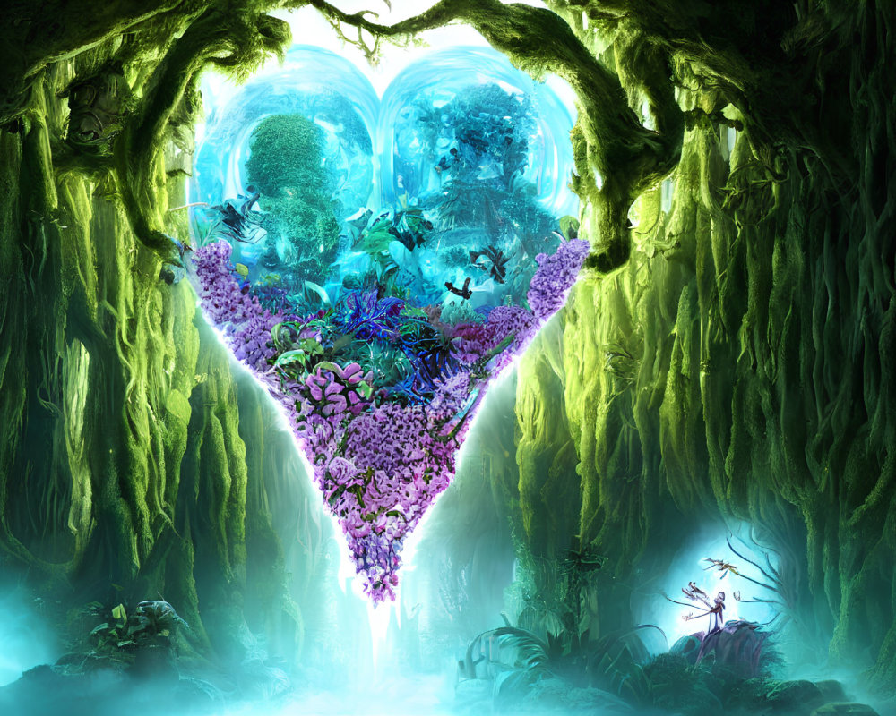 Colorful heart-shaped portal in lush forest with waterfalls and butterflies