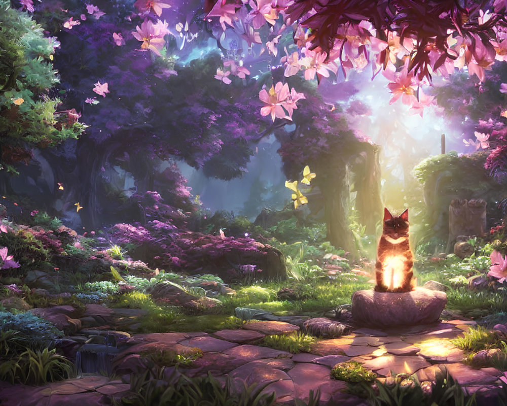 Fantasy garden with glowing flowers, stone-carved cat, pink blossomed trees, and butterflies.
