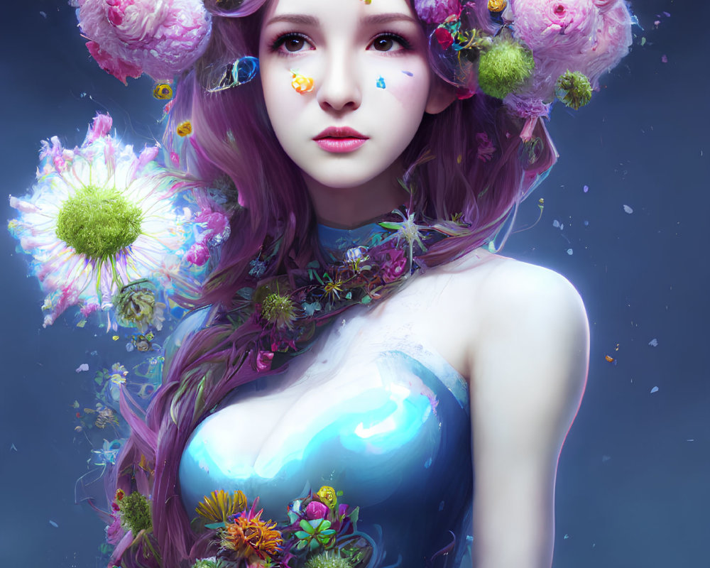 Digital art portrait of woman with fantastical floral headdress.