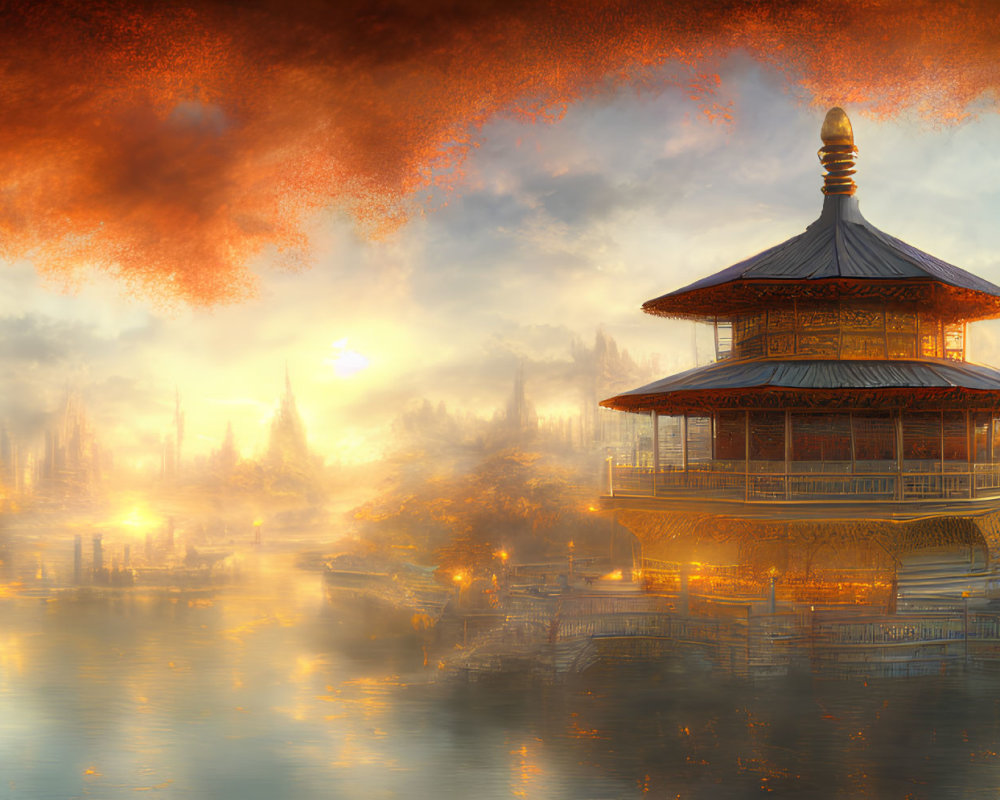 Asian-style pagoda near mist-covered lake in autumnal scene.