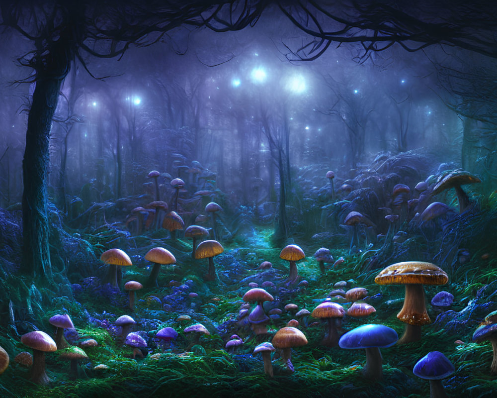 Enchanting Twilight Forest with Oversized Mushrooms and Ethereal Lights