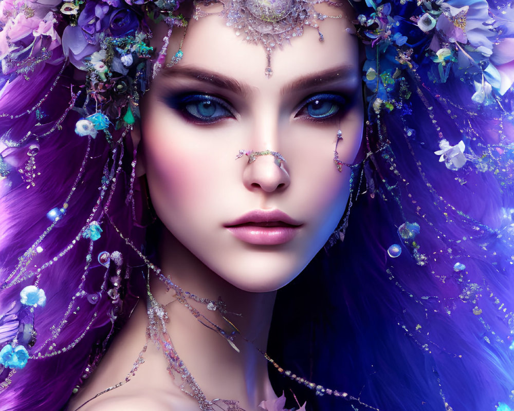 Detailed Illustration: Woman with Purple Hair, Elaborate Floral Headpiece, Ornate Jewelry,