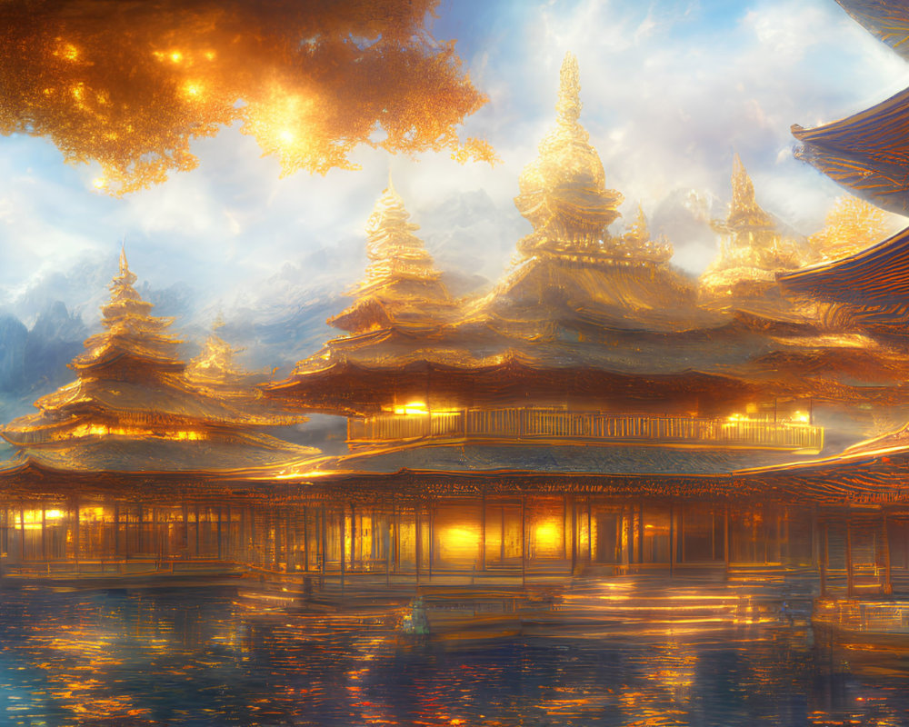 Golden Pagodas Amidst Mountains Reflecting on Tranquil Waters
