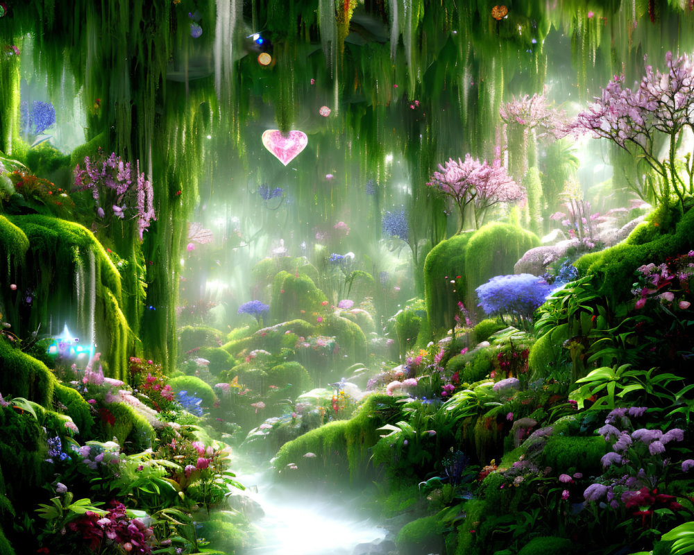 Enchanting forest scene with glowing river, floating lights, heart-shaped crystals, and blooming flowers