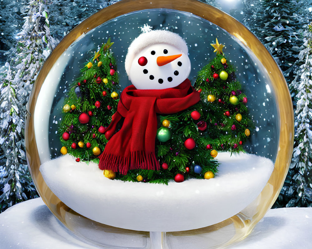 Snowman snow globe with red scarf and evergreen trees in snowy forest
