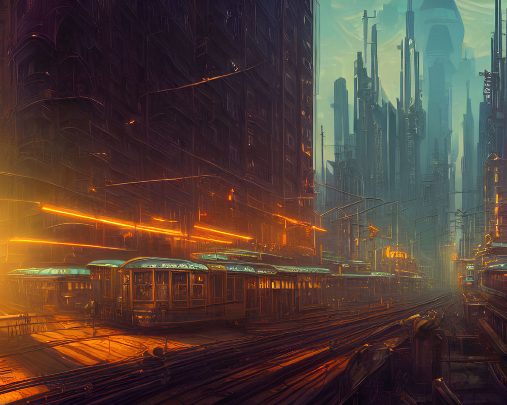 Futuristic cityscape at dusk with neon lights and skyscrapers