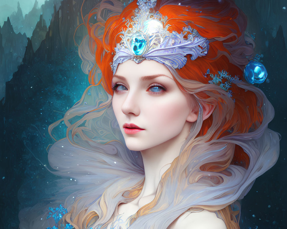 Digital Artwork: Woman with Red Hair & Frost Crown