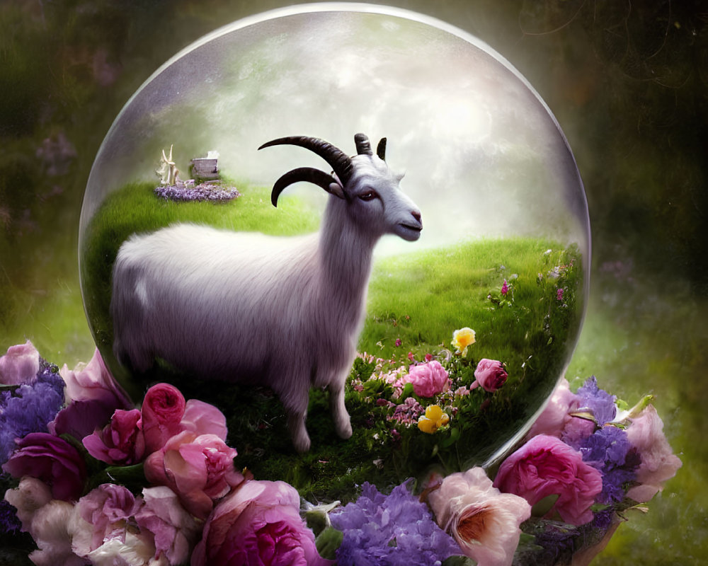 Surreal illustration: white goat in transparent bubble on meadow with roses