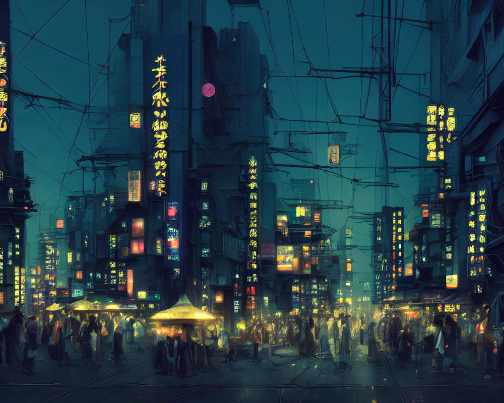 Cyberpunk cityscape: Night-time street with neon signs