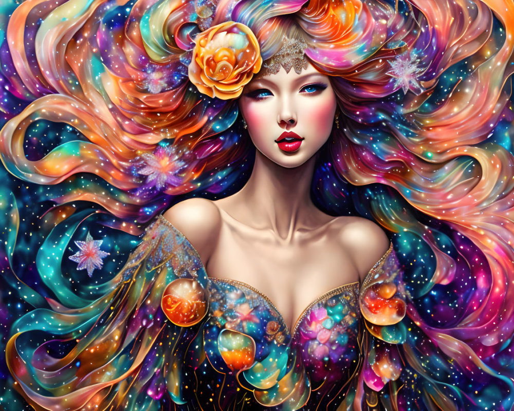 Vibrant fantasy artwork of a woman with cosmic hair and celestial motifs