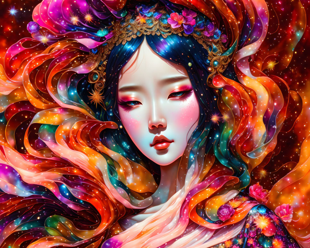 Colorful Illustration of Woman with Cosmic Patterns and Celestial Ornaments