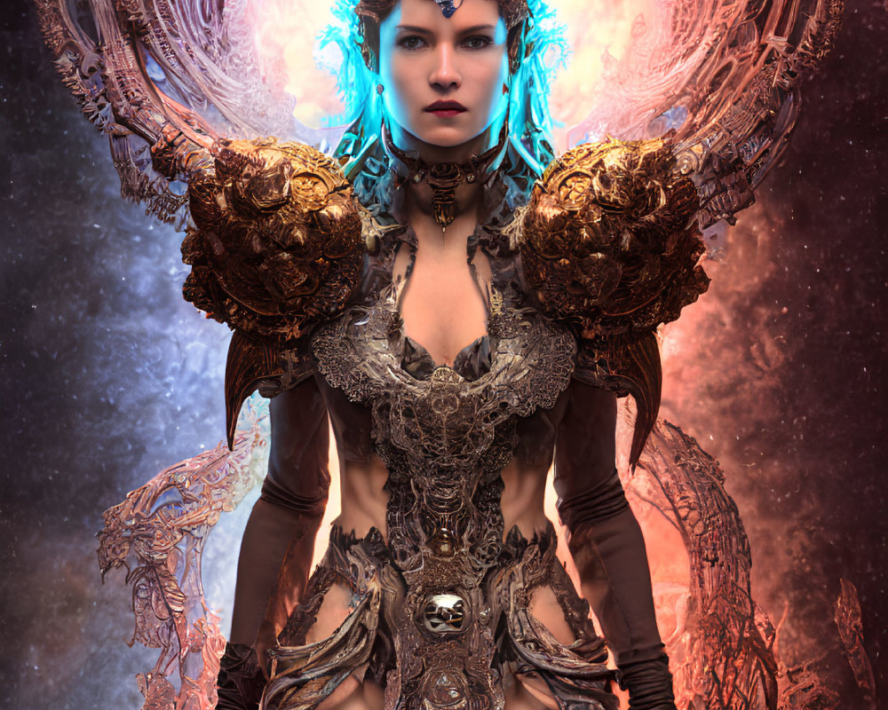 Woman in Gold and Silver Armor with Glowing Orb in Cosmic Setting