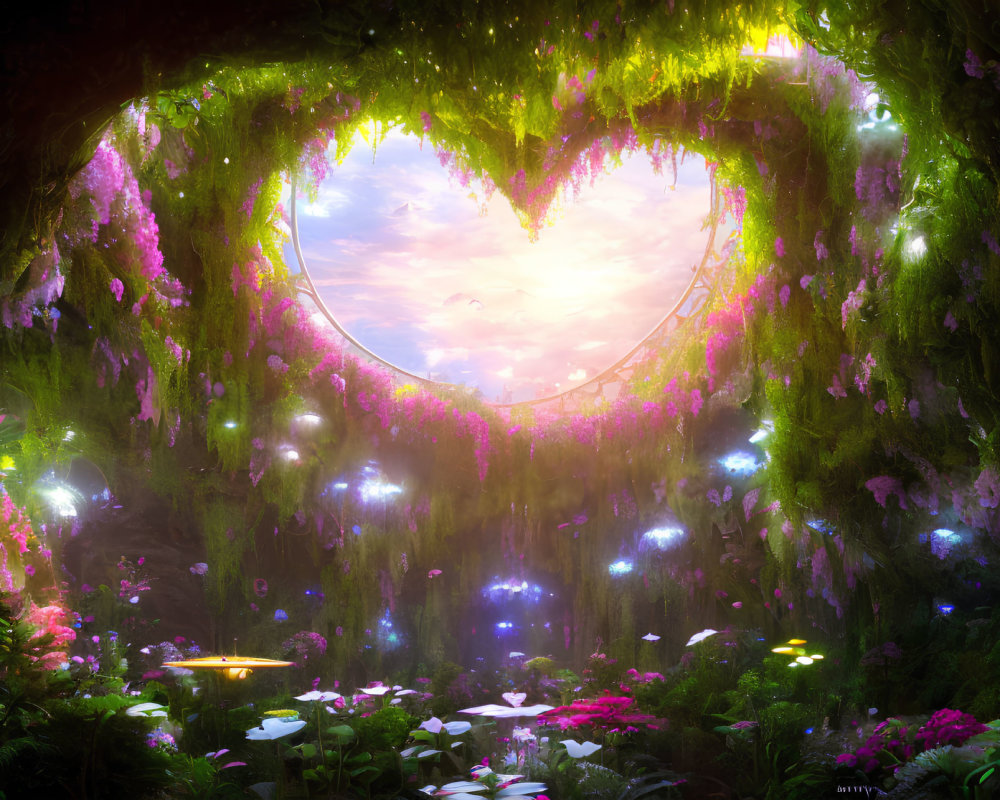Enchanting forest glade with luminous flowers and heart-shaped opening