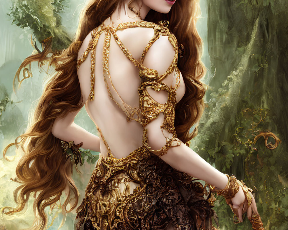 Fantasy woman with long hair, golden jewelry, brown outfit, and snake in forest