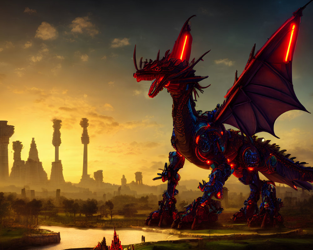 Mechanized dragon in fantasy landscape at sunset with ancient ruins.