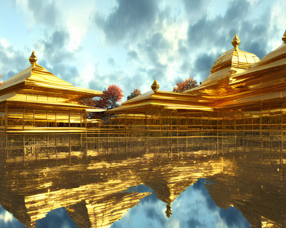 Golden Pagodas Reflecting in Serene Water with Autumn Foliage