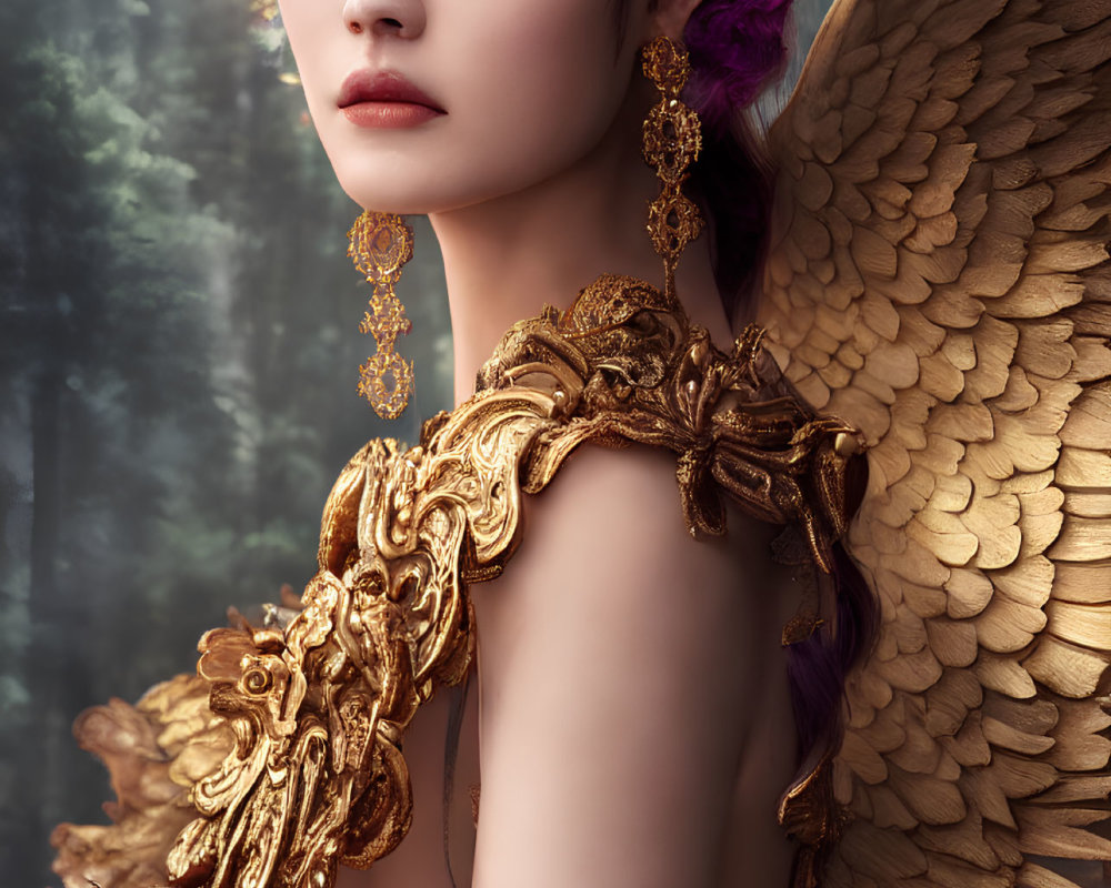 Purple-haired woman with gold wings in ornate attire against forest backdrop