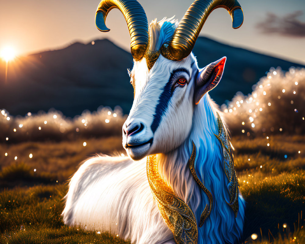 Digital Art: Majestic ram with golden horns in sunset field