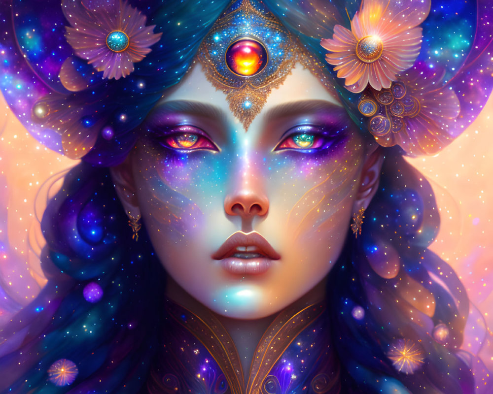 Cosmic female entity with celestial jewelry and starry sky colors