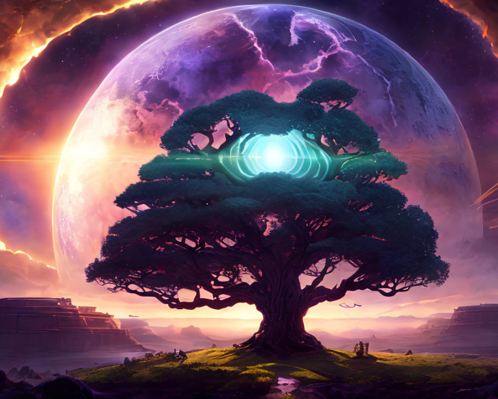 Majestic tree with glowing core against planet in sunset sky