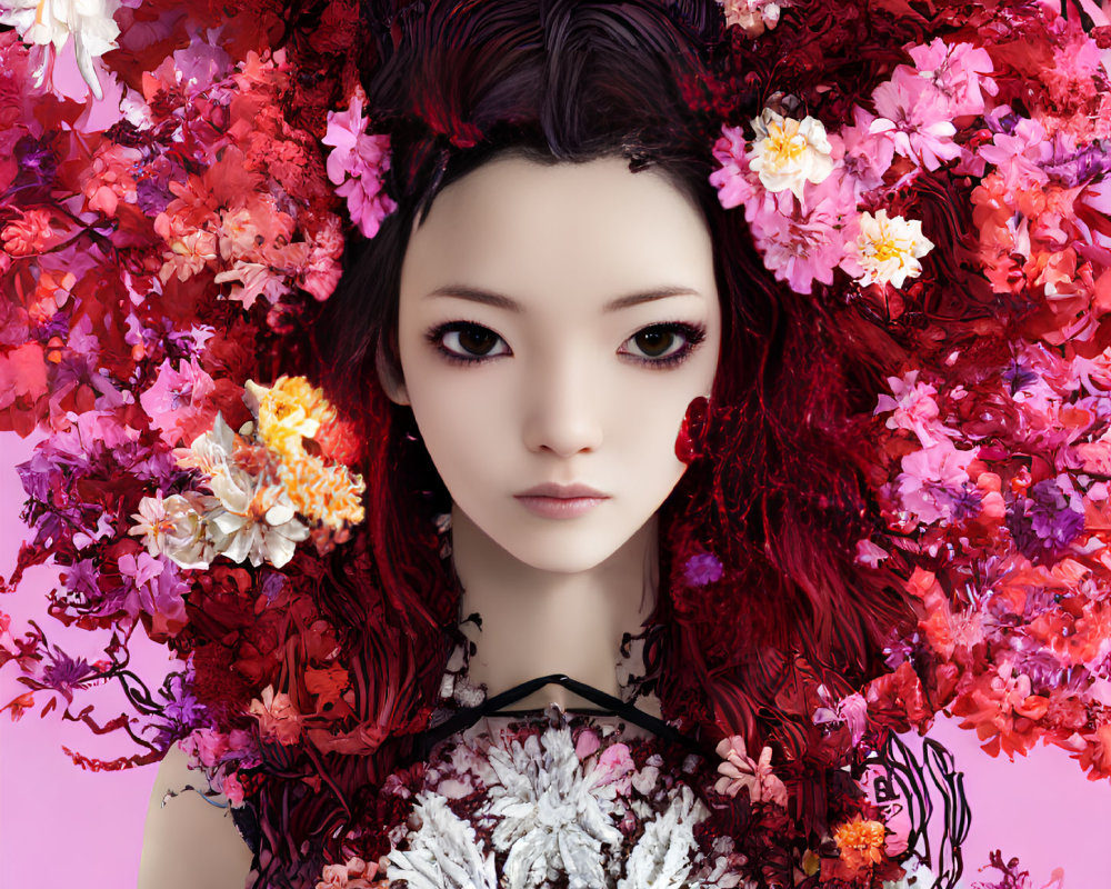 Vibrant red and pink flower headdress on person in digital art
