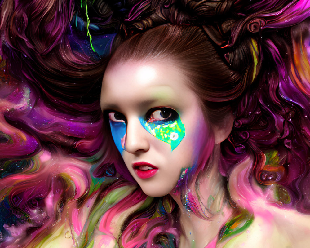 Colorful artwork of a woman with swirling hair and makeup in blue and green tones