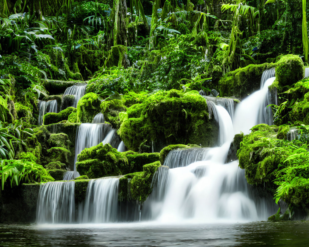Lush green moss-covered steps of a cascading waterfall in vibrant tropical forest