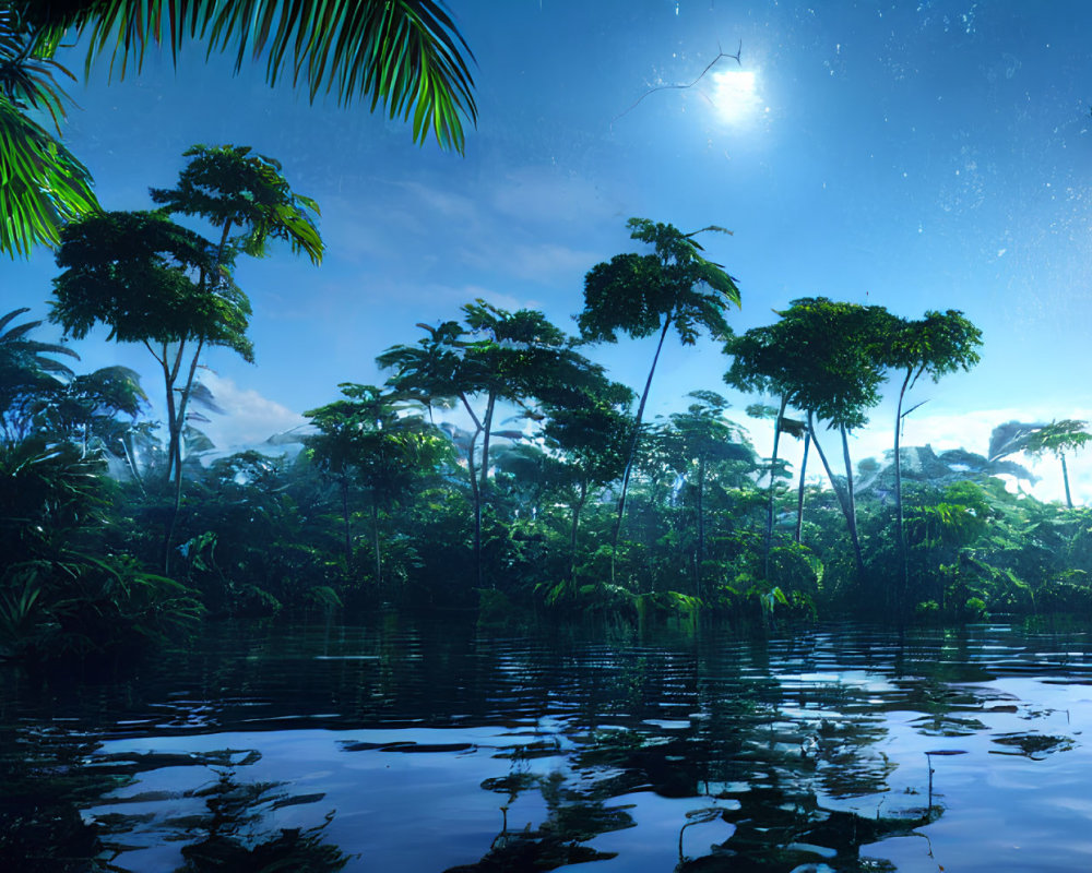 Tranquil tropical rainforest scene with lush green trees and starry sky
