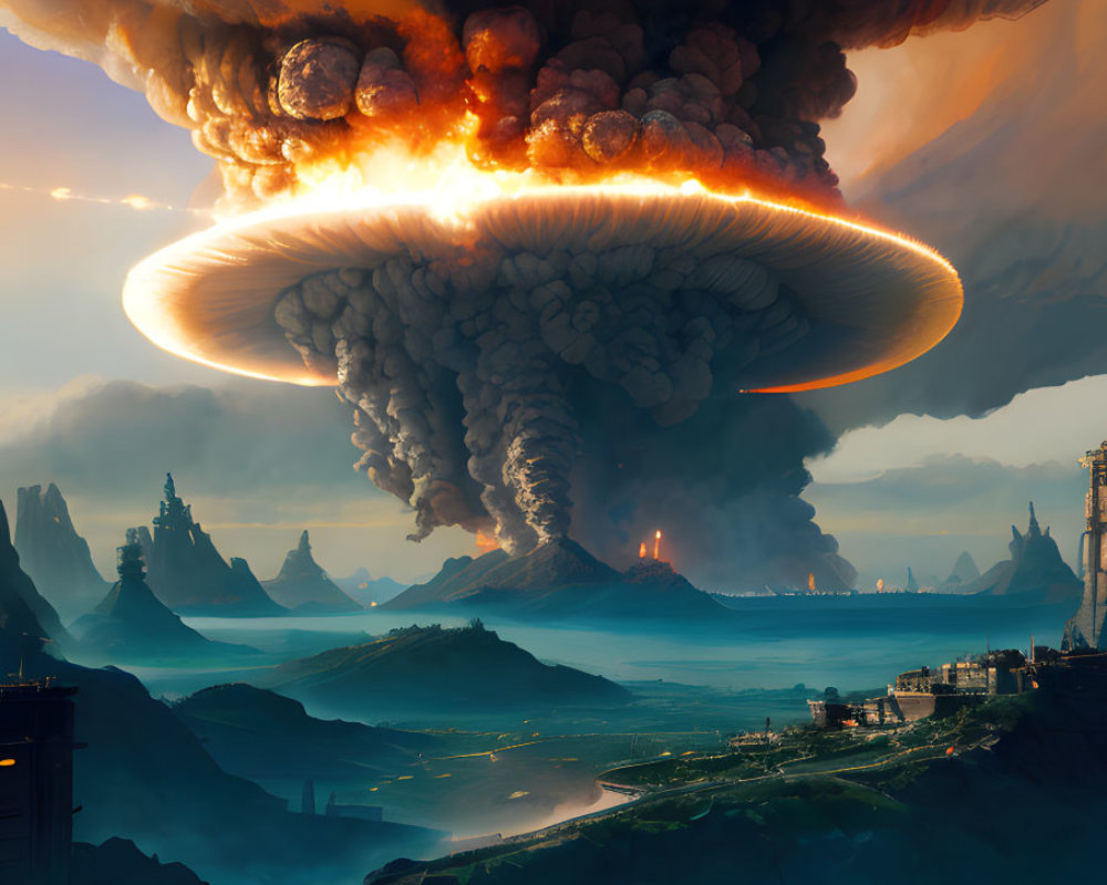 Futuristic landscape with massive fiery explosion