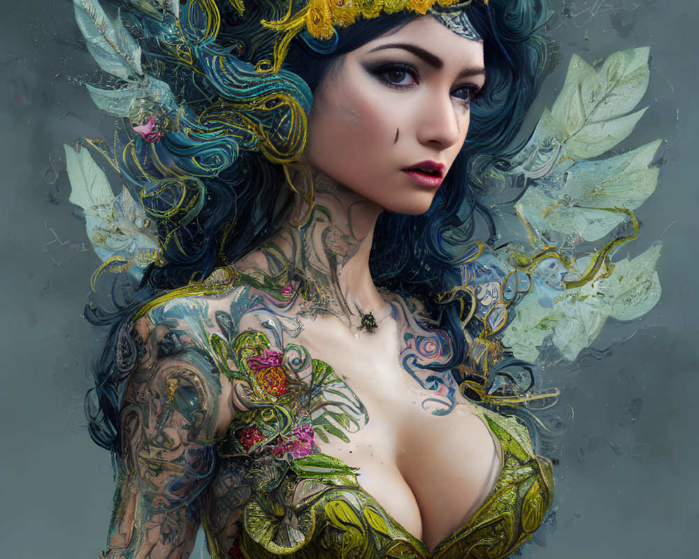 Detailed digital artwork: Woman with blue hair, gold floral headpiece, tattoos, and green corset